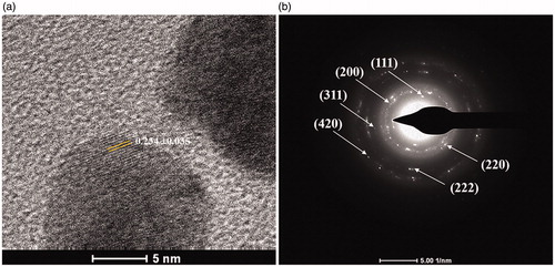 Figure 5. The identity of the produced AgNPs analyzed by (a) HR-TEM and (b) SAED-TEM.
