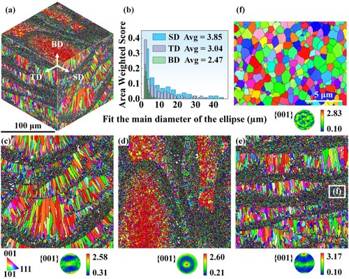 Figure 4. EBSD revealed the microstructure of as-aged samples: (a) Pseudo three-dimensional view of inverse pole plot (IPF_X); (b) Grain size distribution map of each surface in a three-dimensional view; EBSD results (IPF_X, and PF plots) on planes perpendicular to the SD (c), BD (d), and TD (e) directions; (f) An enlarged view of the box area in Fig (e).