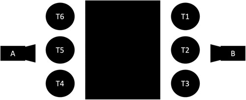 Figure 1 . Schematic view of target individuals (T1–T6) and video camera set up during stimuli creation.