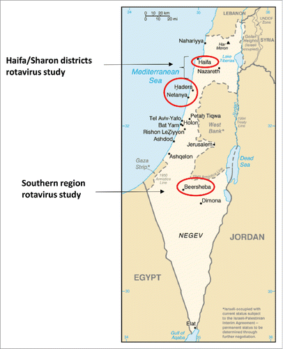 Figure 1. Map of Israel, red circles show the location of cities in which the 2 prospective rotavirus studies were conducted.