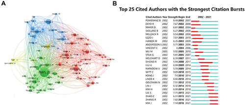 Figure 4 Analysis of the co-cited authors. (A) Co-cited authors’ collaborative network clustering view. (B) Co-cited author with the strongest citation bursts.