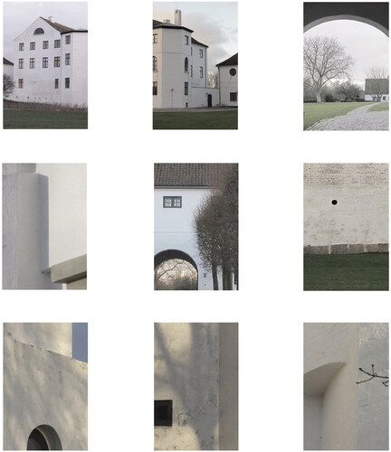 Figure 7. A nine-picture grid called ‘album’ from the tool Phenomenological registration with the focus settings ‘landscape, still life, portrait’ on the horisontal axis, and ‘skin, meat, bone’ on the vertical axis (Photographer: Boelskifte in Harlang & Algreen-Petersen, Citation2015, p. 79).