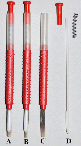 Figure 1. Plastic Chinese grafting tool (A), modified grafting tool (B), pupal transfer tool (C) and removed components from pupal transfer tool (D).