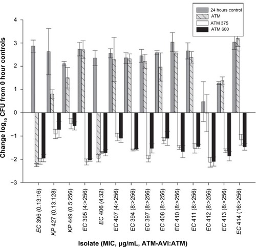 Figure 5 Comparative efficacy of a human-simulated dose of 2,000 mg aztreonam q6h (1-hour infusion) as monotherapy or combined with 375 mg avibactam q6h (ATM-AVI 375 mg) or 600 mg avibactam q6h (ATM-AVI 600 mg) against Enterobacteriaceae in a neutropenic-mouse thigh infection.Note: Reproduced with permission from the American Society for Microbiology. Copyright © American Society for Microbiology. Crandon JL, Nicolau DP. Human simulated studies of aztreonam and aztreonam-avibactam to evaluate activity against challenging gram-negative organisms, including metallo-beta-lactamase producers. Antimicrob Agents Chemother. 2013;57(7):3299–3306.Citation51Abbreviations: ATM, aztreonam; AVI, avibactam; CFU, colony-forming units; EC, Escherichia coli; KP, Klebsiella pneumoniae.