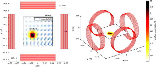 Figure 1. Setup of 4 coils (red circles) and 2-D sample (square). The colorbar shows the dimensionless measure for the concentration of nanoparticles in each square voxel. The superposition of the magnetic fields generated by the 2 coils (down and left) is indicated by blue arrows.