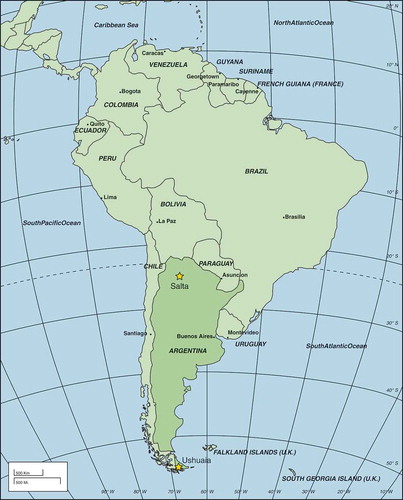 Figure 1. Map of South America with the study areas Salta and Ushuaia, Argentina.