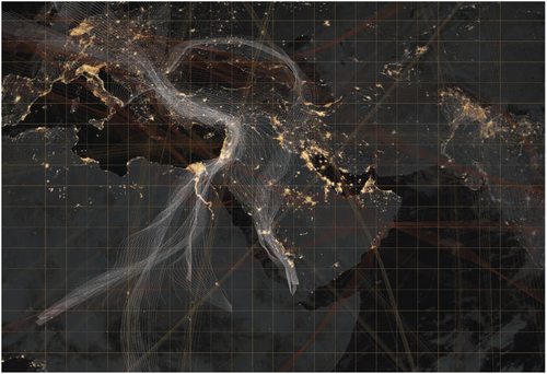 Figure 8. Mapping and Reframing Bird Migration Patterns and Satellite Paths over Asia Minor, the Middle East, and North Africa. Credit: Harrison Lane, Carleton M.Arch Student