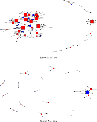 Figure 1. Network of adolescents who engaged in sexual intercourse and alcohol drinking, simultaneously, within Schools 1 and 2 from the Add Health data-set.