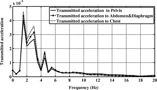 Figure 14. Transmitted accelerations to the human body for three body segments including pelvis, abdomen/diaphragm and chest of road-2 excitation in the first driving cycle.