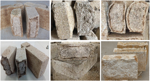 Figure 1. Appearance of Daqu samples from different geographical origins. a) Strong-flavor Daqu (SFD) from Yi-Bin city (YB), b) SFD from Lu-Zhou city (LZ), c) SFD from Ji-Ning city (JN), d) SFD from Bo-Zhou city (BZ), e) SFD from Fu-Yang city (FY), f) SFD from Lin-Quan city (LQ).
