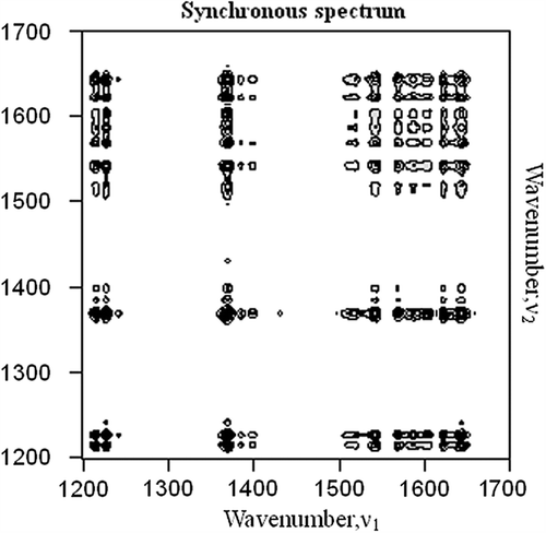 Figure 3. Two-dimensional Raman correlation synchronous spectra in the range of 1200–1700 cm− 1 with the perturbation of oxidation by potassium ferricyanide.