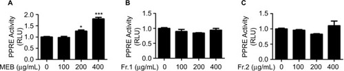 Figure 1 Effects of blueberry extract on PPRE activity. (A) Effects of MEB on PPRE activity. (B) Effects of extract Fr.1 of blueberry on PPRE activity. (C) Effects of extract Fr.2 of blueberry on PPRE activity. LO 2 cells were co-transfected with p-PPRE-luc and pSV40-β-galactosidase. After 6 h, the cells were subjected to different extracts of blueberry for 24 h and then harvested for measurement of the luciferase activity. All of the results are presented as the means±SD of three independent experiments (n=3). *p<0.05; ***p<0.001.