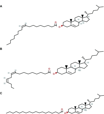 Figure 1 Chemical structure of the cholesteryl esters used in the making of the nanoemulsions: A) Cholesteryl oleate (18:1). B) Cholesteryl linoleate (18:2). C) Cholesteryl stearate (18:0).