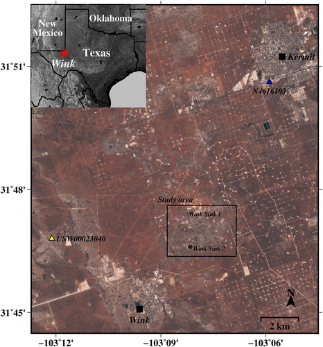 Figure 1. Study area of Wink sinkholes (black box) near Wink and Kermit, Texas that is covered by ALOS PALSAR data. Wink Sink 1 developed in 1980 is located ∼1.5 km north of Wink Sink 2, which outcropped in 2002. Background image is from Sentinel-2. Blue (N4616103) and yellow (USW00023040) triangles represent groundwater well and weather station, respectively. Source: Author