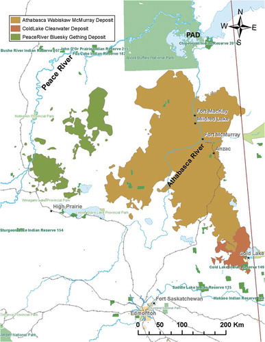 Figure 1. Northern Alberta showing the Athabasca River, the Peace River, the Peace-Athabasca Delta (PAD), and the oil sands deposits.