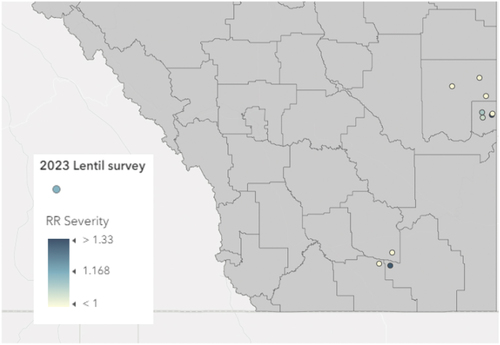 Fig. 1 Locations and root rot severity for 10 lentil fields in southeast Alberta in 2023.