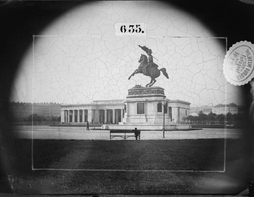 Figure 2. Wilhelm Burger. Monument to Archduke Charles (1874). View towards the Burgtor with the Imperial Stables in the back right. Imperial Museums and the Maria Theresa monument are still under construction.Source: OeNB, BA WB 49C(D).