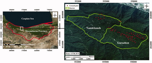 Figure 1. Study area in Iran and the distribution of field plots (red dots) in the Gorazbon and Namkhaneh districts.