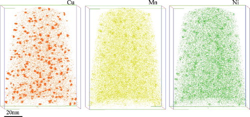 Figure 2. Typical atom maps in the irradiated FeCu0.8NiMn alloy (89 × 87 × 120 nm3).