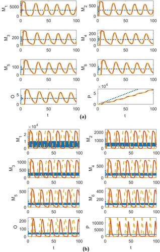 Figure 3. The time series dynamics of the continuous-time model (Equation1(1) dM1(t)dt=δM1(t)1−M1(t)γ−2K1M12(t)−M1(t)∑i=2n−1KiMi(t),−(Oa−n)KnM1(t)Mn(t)−(Pa−Oa)KOM1(t)O(t)−μ1M1(t),dM2(t)dt=K1M12(t)−K2M1(t)M2(t)−μ2M2(t),⋮dMn(t)dt=Kn−1M1(t)Mn−1(t)−KnM1(t)Mn(t)−μnMn(t),dO(t)dt=KnM1(t)Mn(t)−KOM1(t)O(t)−μOO(t),dP(t)dt=KOM1(t)O(t)−μPP(t).(1) ) (dotted blue line), and the discrete-time models (EquationA1(A1) M1(t+1)=(1+δ)M1(t)1+μ1+δγM1(t)+2K1M1(t)+∑i=2n−1KiMi(t)+(Oa−n)KnMn(t)+(Pa−Oa)KOO(t)12−1,M2(t+1)=M2(t)+K1M12(t)1+μ2+K2M1(t),M3(t+1)=M3(t)+K2M1(t)M2(t)1+μ3+K3M1(t),⋮Mn(t+1)=Mn(t)+Kn−1M1(t)Mn−1(t)1+μn+KnM1(t),O(t+1)=O(t)+KnM1(t)Mn(t)1+μO+KOM1(t),P(t+1)=P(t)+KOM1(t)O(t)1+μP.(A1) ) (solid red line) and (EquationA2(A2) M1(t+1)=e(δ−μ1)M1(t)1+ϕ1(1)δγM1(t)+2K1M1(t)+∑i=2n−1KiMi(t)+(Oa−n)KnMn(t)+(Pa−Oa)KOO(t)12−1,M2(t+1)=e−μ2M2(t)+ϕ2(1)K1M12(t)1+ϕ2(1)K2M1(t)),M3(t+1)=e−μ3M3(t)+ϕ3(1)K2M1(t)M2(t)1+ϕ3(1)K3M1(t)),⋮Mn(t+1)=e−μnMn(t)+ϕn(1)Kn−1M1(t)Mn−1(t)1+ϕn(1)KnM1(t)),O(t+1)=e−μOO(t)+ϕO(1)KnM1(t)Mn(t)1+ϕO(1)KOM1(t),P(t+1)=e−μPP(t)+ϕP(1)KOM1(t)O(t).(A2) ) (dashed yellow line) for (a) γ=8000 and all other parameters given by (Equation18(18) δ=50,K1=10−4,KO=0.1,n=6,Oa=10,Pa=100,μ1=10−3,μO=10−4,μP=10−5,ϵ=0.001,(18) ) and (Equation16(16) μi=μ1/i,Ki=Ki−1+ϵ,1≤i≤n,for some constant ϵ>0.(16) ) and (b) γ=30,000 and the other parameters the same as (a) except for KO=0.01 and μ1=⋯=μn=μO=μP=1.