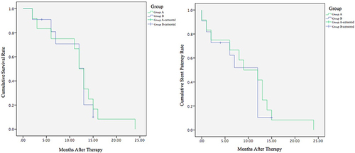 Figure 4 Kaplan-Meier analysis for overall survival (left) and stent patency (right) in group A vs group B. The median survival was 12 months in group A and 13 months in group B (p = 0.822). The median duration of stent patency time was 9 months in group A and 12 months in group B (p = 0.670).
