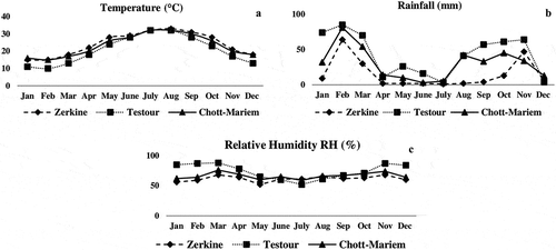 Figure 1. Climatic data of the three studied regions: (a) Temperature, (b) Rainfall, (c) Relative humidity (RH)