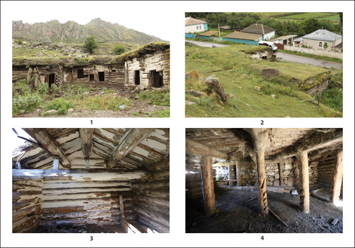 Figure 5. Farm in Khurzuk (K-F1). 1) View into the yard from the south-west. 2) View from the north-west taken from the upper terrace. 3) Interior of the dwelling house (north-western part of the dwelling room). 4) Byre (western wing) (photos by P. Vařeka)