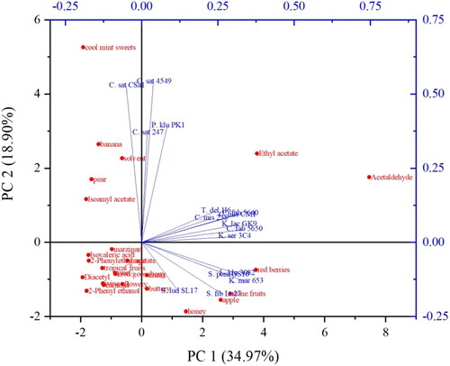 Figure 10. Principal Component Analysis (PCA) biplot with two principal components PC 1 and PC 2 showing the correlation of the beers produced with the 16 investigated yeast strains and the specific volatile compounds measured analytically as well as the individual flavor characteristics described by the tasters.
