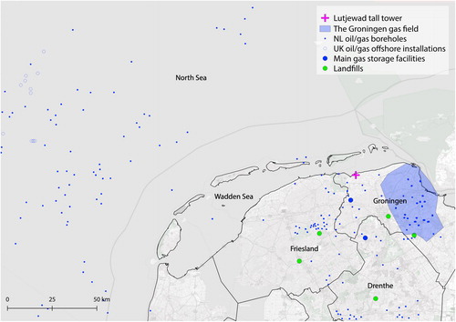 Fig. 1. Location of the measurement site (magenta cross) and potential on-shore and off-shore methane sources. Sources: https://www.openstreetmap.org, OSPAR Commission (Citation2015), Vlek (Citation2018), Ministerie van Economische Zaken, TNO Citation(2018), and Stortplaatsen in Nederland Citation(2019).