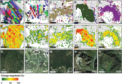 Figure 12. Examples of disturbed forest patches detected by HILANDYN and characterised by different disturbance agents and severities. Please refer to the legend in Figure 11 for the colour corresponding to each year in panels a-e. Clearcuts (a, f; 5°45‘18,102“E; 44°3’9,791“N), debris flows (b, g; 8°1‘54,389“E; 46°46’4,057“N), defoliating insect outbreak (c, h; 7°35‘10,709“E; 45°22’18,178“N), wildfire (d, i; 13°16‘54,707“E; 46°28’25,202“N), windthrow (e, j; 7°21‘17,61“E; 44°39’31,641“N). The grey background indicates the presence of forest cover either in 1990 or 2018 according to the Corine Land Cover.