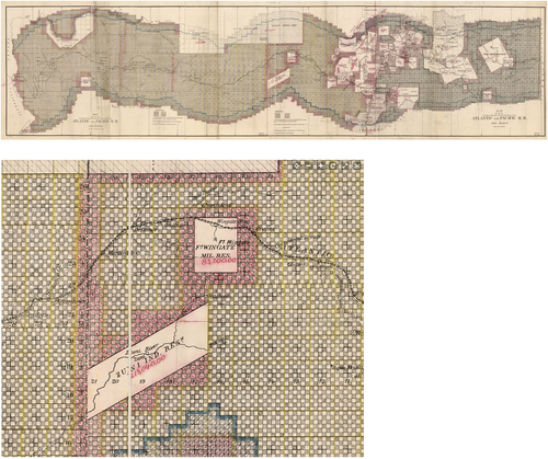 Figure 5. (Top) Atlantic and Pacific Railroad Company, Map showing the location of the road and the land grant of the Atlantic and Pacific R.R. in Arizona … in New Mexico [N.P, 1883]. https://www.loc.gov/item/98688586/. (Bottom) Zoom-in of Atlantic and Pacific Railroad Company, Map showing the location of the road and the land grant of the Atlantic and Pacific R.R. in Arizona … in New Mexico [N.P, 1883]. https://www.loc.gov/item/98688586/.