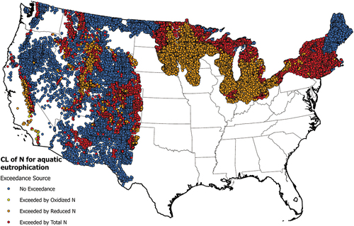 Figure 11. Map of nitrogen critical load exceedances for lakes in the conterminous U.S. Shown are in blue- no exceedance; yellow- exceedance that could be eliminated by oxidized nitrogen; brown- exceedance that could be eliminated by reduced nitrogen; and red- a combination of oxidized and reduced nitrogen is necessary to eliminate the exceedance. A description of the datasets and methods used to determine exceedances of nitrogen critical loads are provided in the Supporting Information.