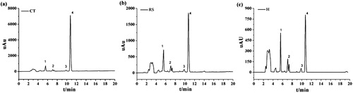 Figure 3. HPLC determination of metabolites produced by the degradation of E2 by CT, RS and H cultures.