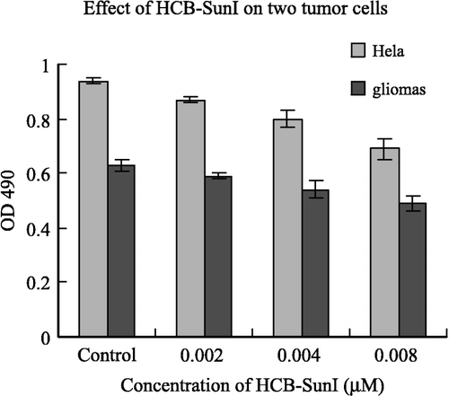 Figure 5 The effects of HCB-SunI on glioma cells and HeLa cells. The error bars indicated the standard errors. The differences between the control (Buffer A alone) and various concentrations of inhibitor treatments are significant (p < 0.05) except 0.002 μM in glioma.