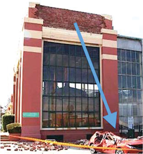 Figure 3. Collapse of parapet, 1930s Matilda Bay Brewing complex in 2017 (Mayes Citation2017).
