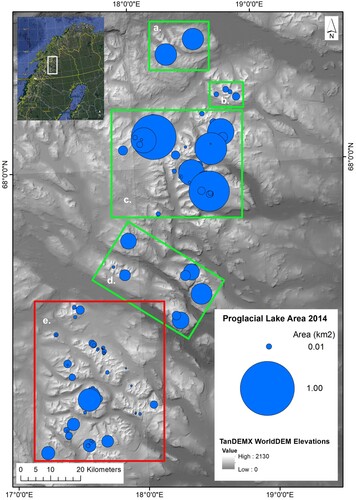 Figure 3. Proportional bubble plot for proglacial lake area (m2) across Arctic Sweden manually mapped from ASTER satellite imagery (15 m) (8/8/2014). Green boxes denote sub-regions (a, b, c, d) of proglacial lake populations, which are described individually but are treated as ‘Greater Kebnekaise area’ for statistical analysis. Red box (e.) denotes Sarek area.