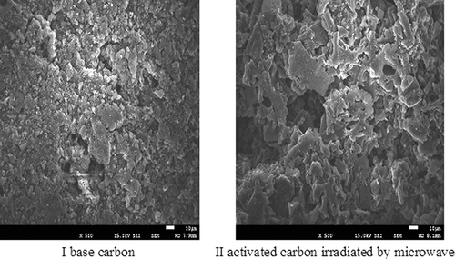 Figure 2. SEM images of base carbon (I) and microwave-activated carbon (II).