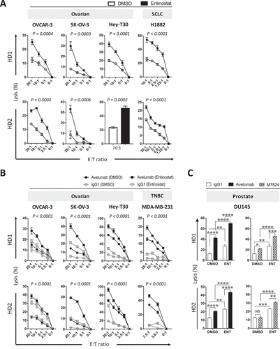 Figure 4. Entinostat exposure of carcinoma cells increases their sensitivity to NK-mediated attack through direct lysis and anti-PD-L1‒mediated ADCC. (A) Ovarian (OVCAR-3, SK-OV-3, HEY-T30) and SCL (H1882) human carcinoma cells were exposed to entinostat or DMSO, as described in Materials and Methods, prior to being used as targets for NK cell lysis (15 h). (B) Ovarian (OVCAR-3, SK-OV-3, HEY-T30) and TNB (MDA-MB-231) carcinoma cells were exposed to entinostat, or DMSO as above, prior to being used as targets for NK cell lysis (15 h) in the presence of avelumab or isotype control (2 ng/ml). Purified NK cells from 2 healthy donors were used as effectors at the designated effector:target (E:T) ratios. (C) DU145 cells were treated as in (B) with the addition M7824 (2.46ng/mL) and at a E:T ratio of 20:1. Results are presented as mean ± S.E.M. from 3 replicate wells. Results on direct NK lysis and PD-L1‒mediated ADCC are representative of 2–4 independent experiments. Results on M7824-mediated ADCC are representative of 1 independent experiment. P values denote statistical significance relative to DMSO controls (2-way ANOVA). HD, healthy donor; TNBC, triple negative breast cancer