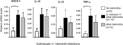 Figure 1 Gene expression in monocytes isolated from blood samples of Ethiopian individuals either infected or not infected by helminths (see Table 1), as determined by real-time PCR (Q-PCR) using GAPDH as reference gene; helminth infection was established by stool examination. *Significance is p<0.05.