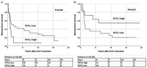 Figure 1. TKTL1 expression in primary CRC tumors in relation to disease-free survival. Patients with (a) synchronous liver metastases (N = 50) and (b) metachronous liver metastases (N = 31).