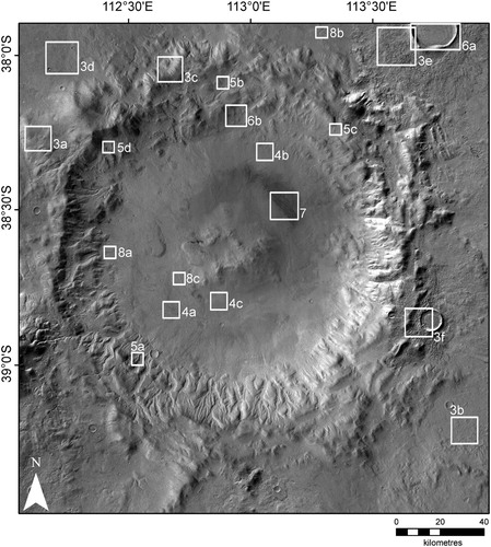 Figure 2. CTX mosaic (CitationDickson et al., 2018) of Greg crater showing locations of panels presented in Figures 3–8.