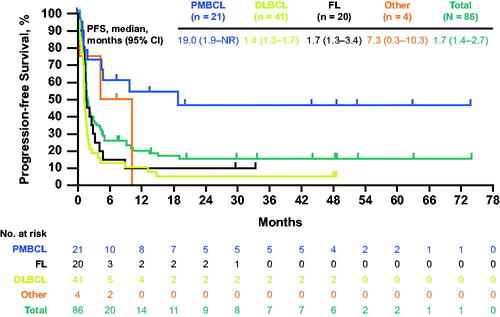 Figure 2. Kaplan–Meier estimates of progression-free survival in cohort 4. DLBCL: diffuse B-cell lymphoma; FL: follicular lymphoma; NR: not reached; PFS: progression-free survival; PMBCL: primary mediastinal B-cell lymphoma.