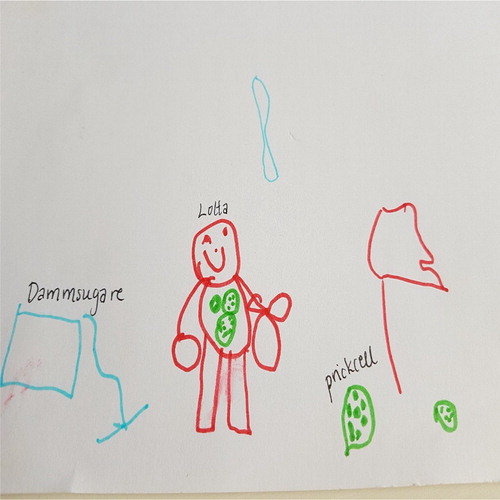 Figure 3. Drawing made by a child (G3) who was placed in the second category. She had written the words ‘dammsugare’ (‘vacuum-cleaner’), ‘Lotta’ (the name of the girl in the story) and ‘prickcell’ (‘dotted cell’).