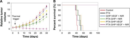 Figure 11 In vivo anticancer.Note: The relative tumor volume (A) and survival rate (B) of tumor bearing mice after tail vein injection with control (saline), free PTX, GHP-VEGF + NIR, PTX-GHP + NIR, PTX-GHP-VEGF, and PTX-GHP-VEGF + NIR.Abbreviations: PTX, paclitaxel; VEGF, vascular endothelial growth factor; NIR, near infrared; GHP, GO-HSA-PEG.