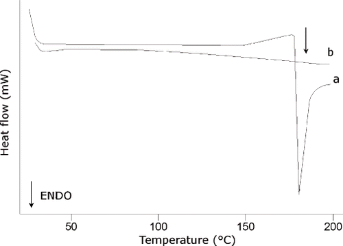 Figure 3 DSC traces of dry HMW. Arrow indicates the thermal degradation endothermic peak; (a: first scan; b: second scan).