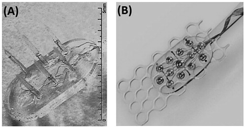 Figure 3. ABI paddle electrode with penetrating needle contacts (A) and flat contacts (B) (image courtesy of MED-EL).