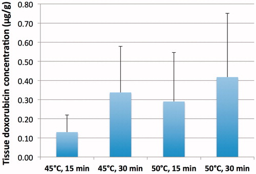 Figure 6. Tissue doxorubicin concentration separated by hyperthermia condition. There was a trend toward larger drug concentration at both higher temperatures and longer durations, but these did not reach statistical significance.