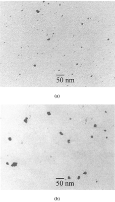 FIG. 6 Micrographs of ultrafine particles: (a) silver particles, (b) cadmium oxide particles, (c) iron oxide particles, (d) iridium particles, and (e) carbon particles. (Continued)