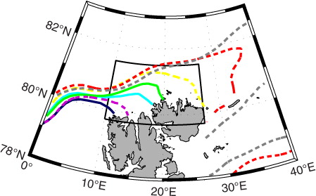 Fig. 5 Contour lines of the 40% winter (DJFM) ice concentration north of Svalbard during the 1980s (dark blue), 1990s (light blue), and 2000s (green). The most recent winters are also included with dashed lines (2010: yellow, 2011: purple, and 2012: red). In addition, February 2012 is shown in grey (dashed) to indicate a period with especially low ice concentrations, and ice-free areas extending towards Franz Josef Land. The black box indicates the study region.