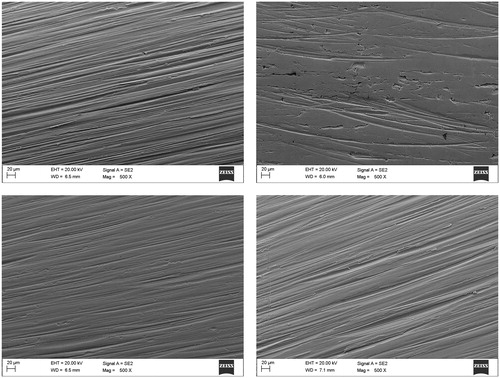 Figure 7. SEM images of representative surfaces after efficiency testing for the best and worst quality classes for both the PM and wrought steel material.